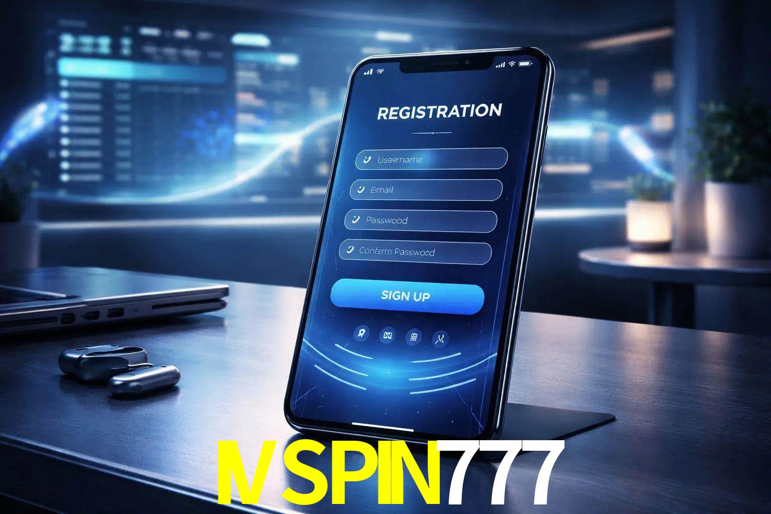 Una interfaz moderna de registro móvil para IVSPIN777 mostrada en un smartphone con un panel de apuestas elegante.
